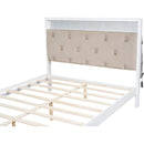 Wood Queen Size Platform Bed with Upholstered Headboard and LED and 2 Drawers, Antique White