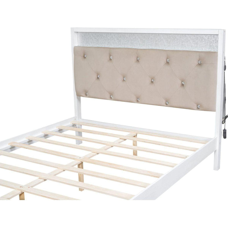 Wood Queen Size Platform Bed with Upholstered Headboard and LED and 2 Drawers, Antique White
