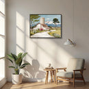 Framed Canvas Wall Art Beautiful Field Painting Wildflower Barn Print Nature Scenery Picture For Home - Blue / Pink by HouseOfZazla