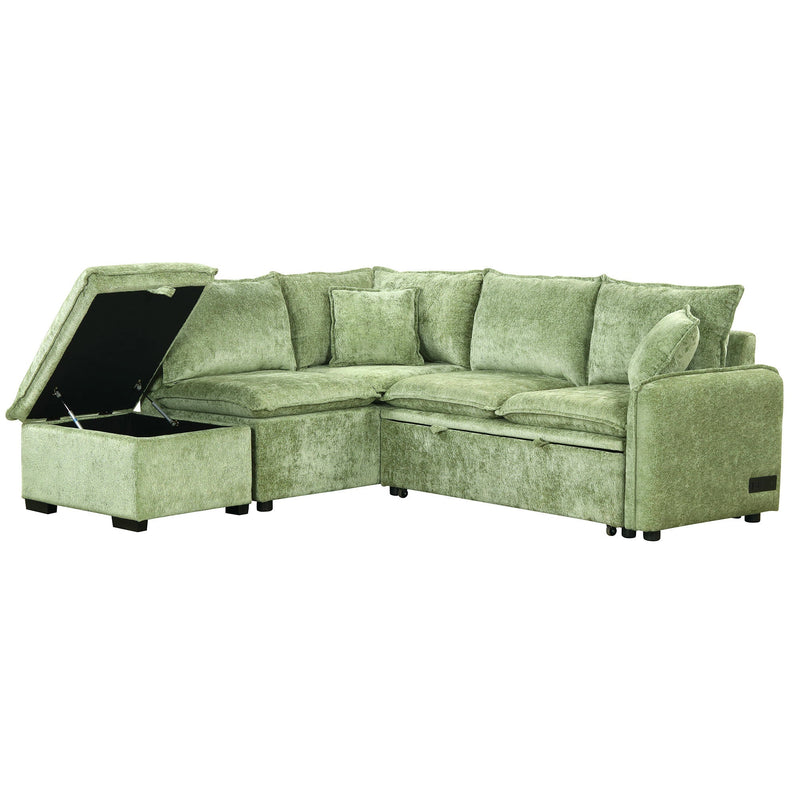 82.67"Convertible Sofa Bed Sectional Sofa Sleeper L-shaped Sofa with a Storage Ottoman,Two Pillows, Two Power Sockets and Two USB Ports for Living Room, Green