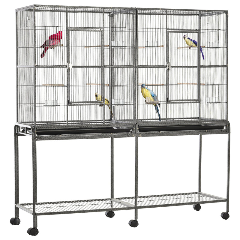 65" Double Rolling Metal Bird Cage Feeder with Detachable Rolling Stand, Storage Shelf, Wood Perch & Food Container