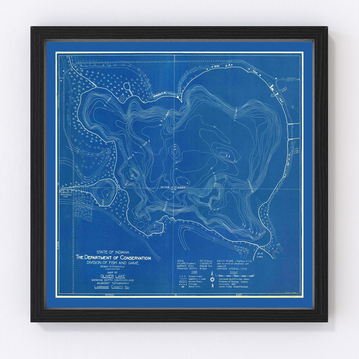 Vintage Oliver Lake, IN Map 1925