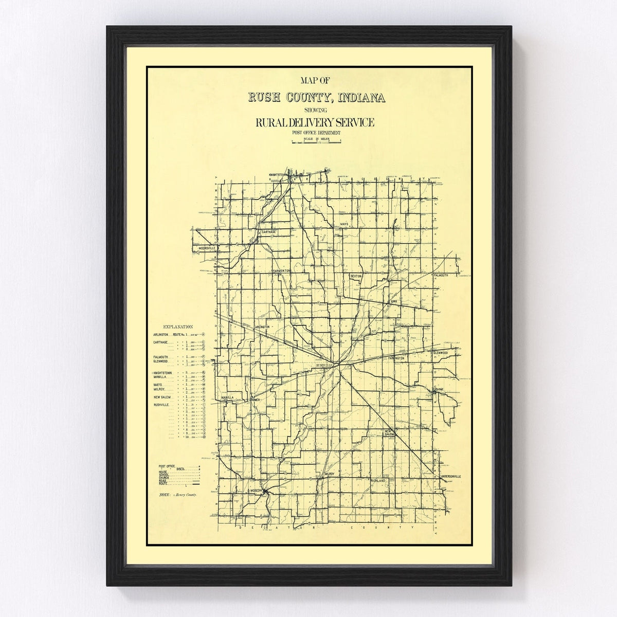 Vintage Map of Rush County, Indiana 1909