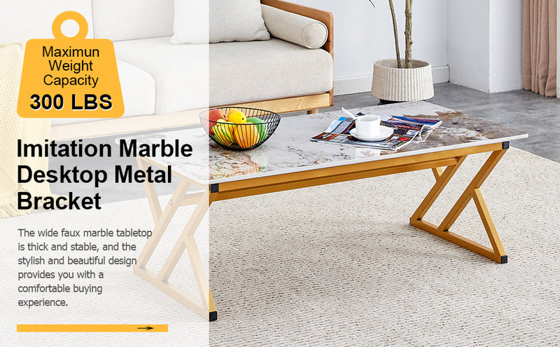 A modern minimalist style marble patterned coffee table with golden metal legs. Computer desk. Game table. Tea table. CT-XX