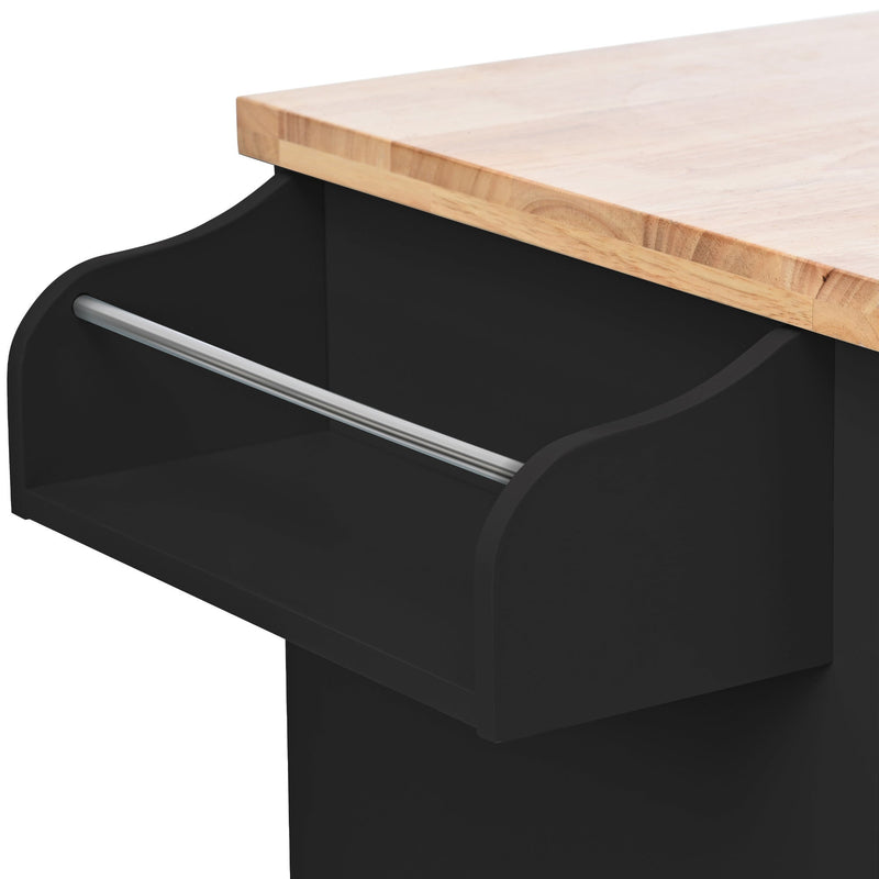Kitchen Cart with Spice Rack, Towel Rack & Two Drawers, Rubber wood top, Kitchen Island with 4 Wheels for Dining Rooms Kitchens Living Rooms, Black
