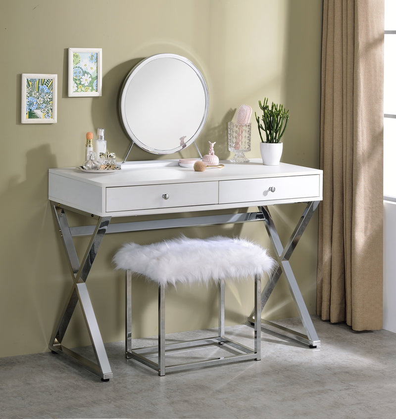 Adao Vanity Mirror & Stool, Faux Fur, Mirror, White & Chrome Finish