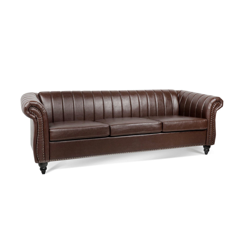 83.46" Brown PU Rolled Arm Chesterfield Three Seater Sofa.