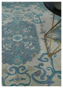 French Design Aubusson 8x10 Ivory and Blue Hand Tufted Wool Area Rug by The Rug Decor