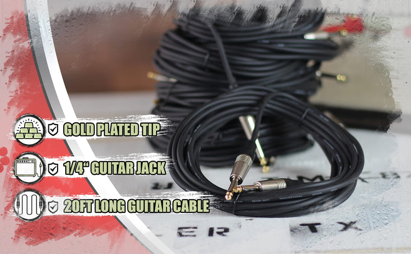 Guitar Cables (10 Pack) Instrument Cord by FAT TOAD | 24 AWG Patch Conductor for Electric Guitar, Bass, Amplifier, Speaker, Keyboard & Recording Studio | Shielded 20FT 1/4 Inch Gold Straight-End Wires