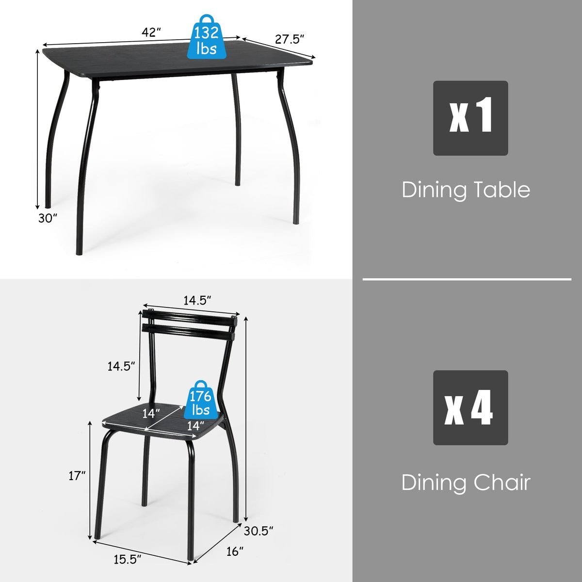 5 Pieces Dining Table Set with 4 Chairs and Backrests, photo 4 of 8