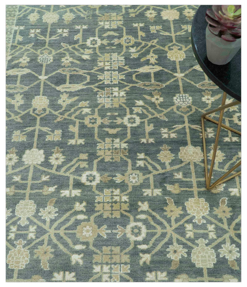 Traditional Design Charcoal And Beige 9x12 Hand Knotted Wool Area Rug