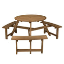 6-person Round Wooden Picnic Table with Umbrella Hole and 3 Built-in Benches-Dark Brown by LJGDeals