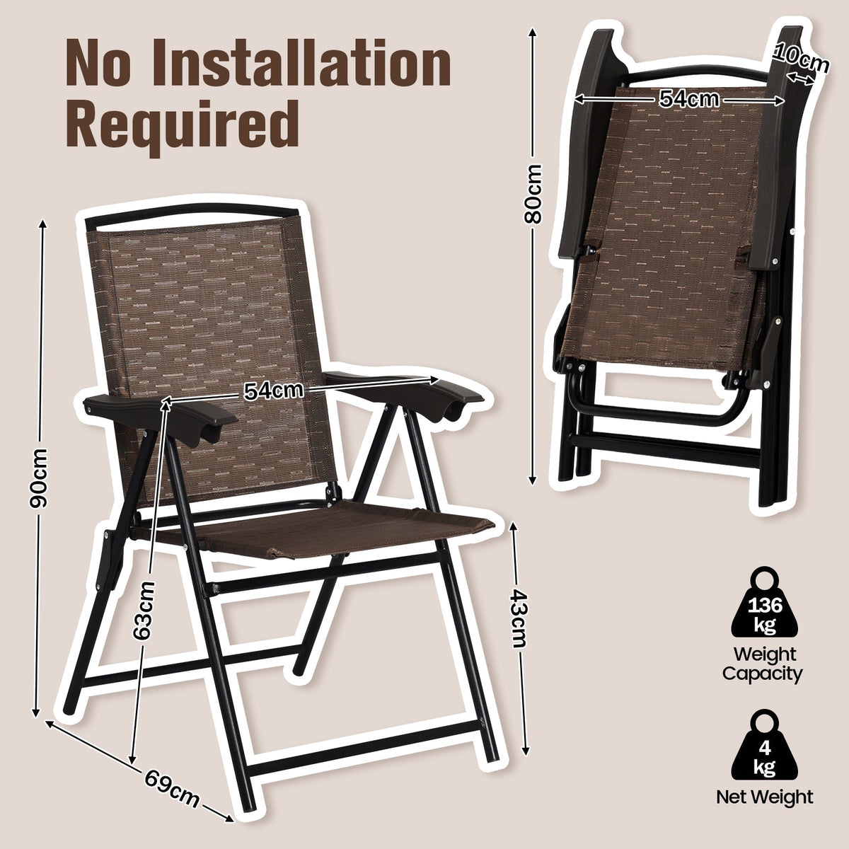 4 Pieces Folding Dining Chairs with Smooth Armrests and Sling Back, photo 5 of 8