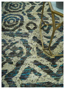 Hand Knotted Beige, Charcoal and Blue Antique Design Contemporary Recycled Silk Rug