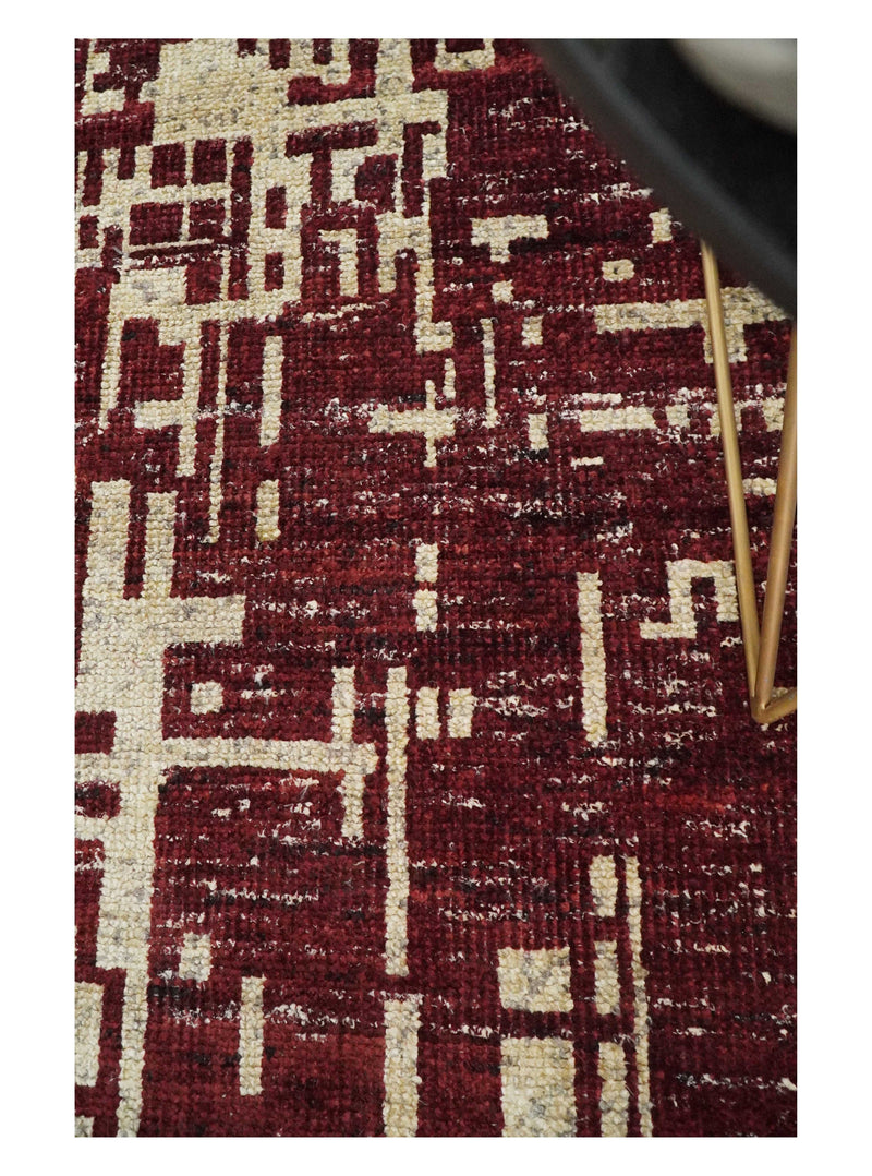 4x6 Hand Knotted Camel and Maroon Modern Abstract Contemporary Recycled Silk Area Rug | OP64