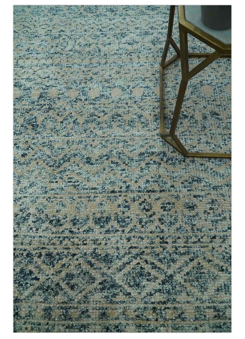 6X9 Teal and Beige Hand Knotted Southwestern Tribal Trellis recycled silk Rug