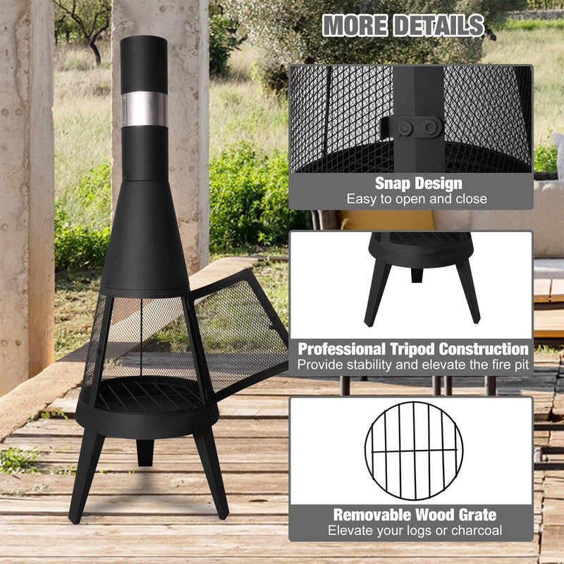 Chiminea Outdoor Fireplace 47.6" Metal Wood Burning Fire Pit with Log Grate, Black