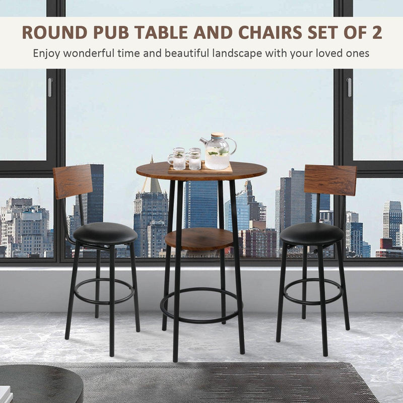 Round Bar Table and Chairs Set, 2-Tier Table and PU Upholstered Stools with Backrest