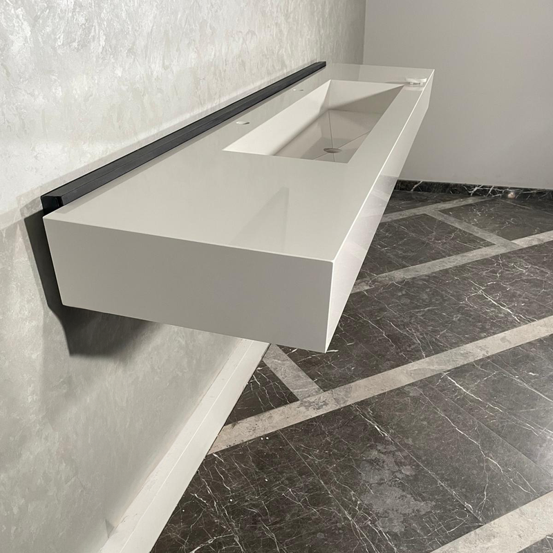 White Quartz Large Bathroom Trough Sink Wall Mount Contemporary Design, photo 11 of 13