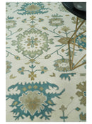 Ivory Beige Teal Wool Oushak Hand-Knotted Area Rug - Traditional