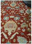 Hand Knotted Wool Area Rug Oriental Oushak Style Floral Pattern Brown Blue Beige