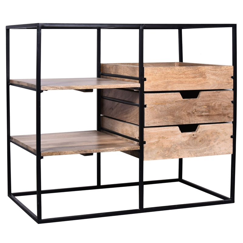 35 Inch Handcrafted Modern Glass Table, Storage Shelves, 3 Drawers, Metal Frame, Natural Brown and Black