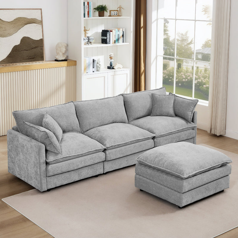 Contemporary Modular Sectional Sofa, 105 Inch L-Shaped Couch Set with Movable Ottoman, Chenille Grey