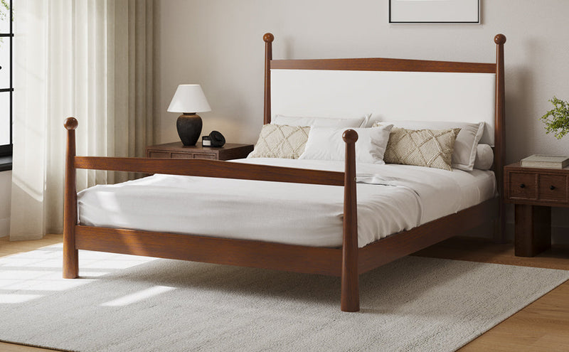 Mid-Century Modern Queen Size Solid Pine Wood Platform Bed with Upholstered Headboard in Boucle, No Box Spring Needed, Brown