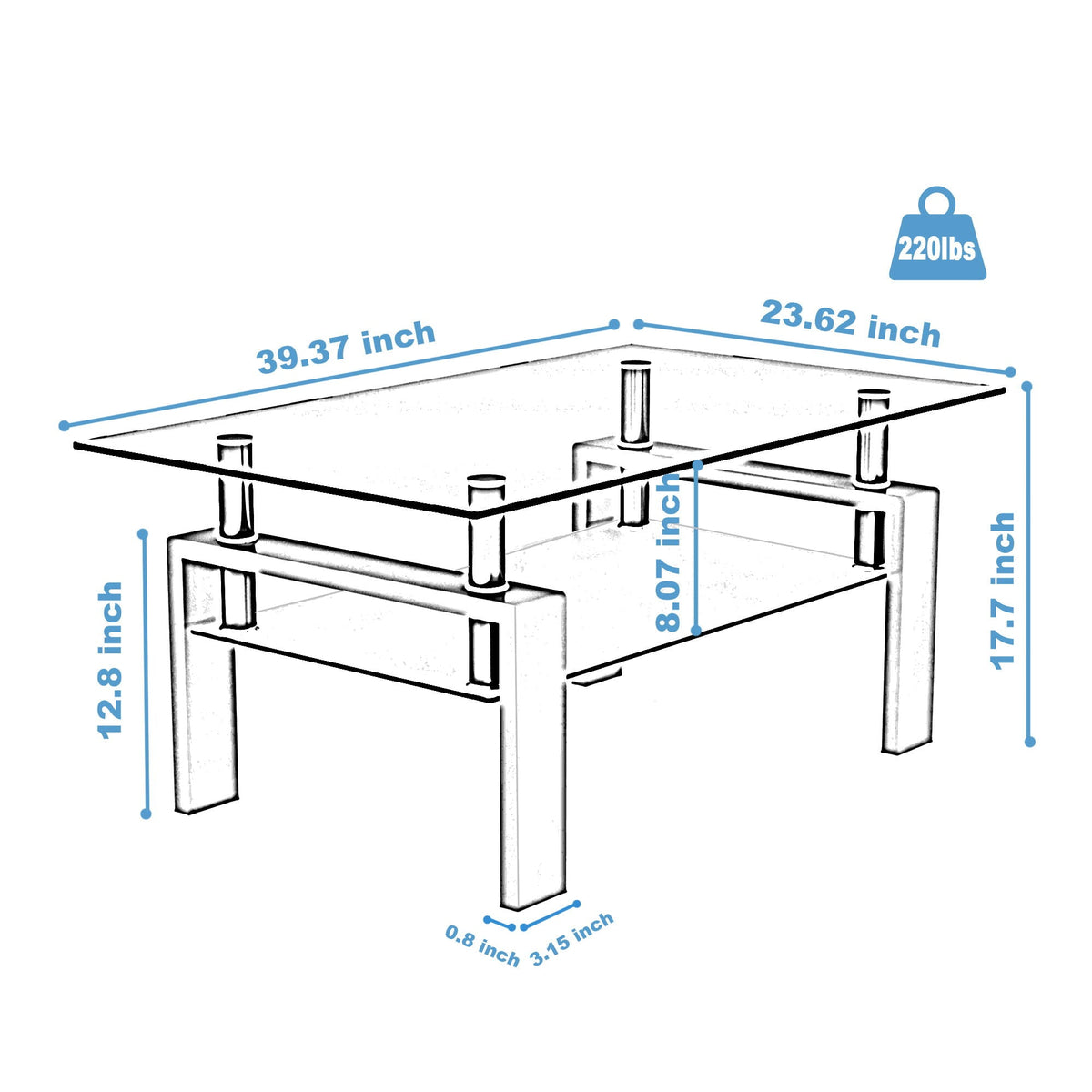 Modern Rectangular Coffee Table With Tempered Glass Top, photo 4 of 8