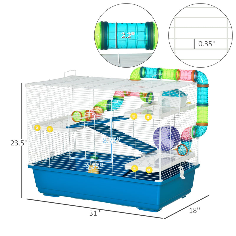 31" Extra Large Hamster Cage with Tubes and Tunnels, 4 Tier Small Animal Cage with Portable Carry Handles, Rat Gerbil Cage with Water Bottle, Food Dish, Exercise Wheel