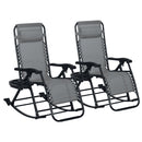 2 Pieces Outdoor Rocking Chairs, Foldable Reclining Zero Gravity Lounge Rocker with Pillow, Cup & Phone Holder, Combo Design with Folding Legs, Gray