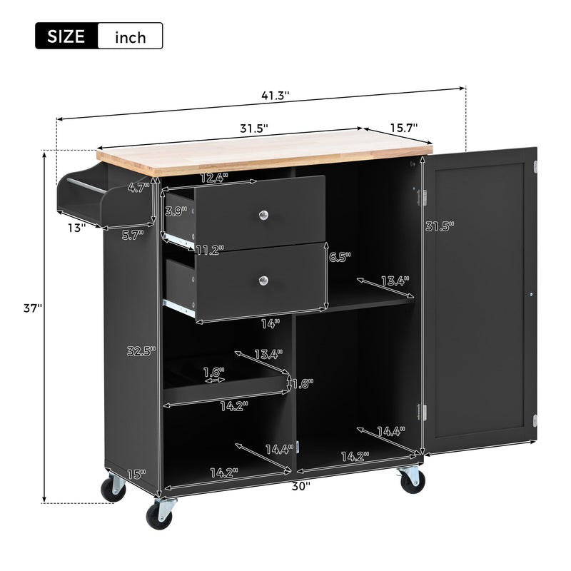 Kitchen Cart with Spice Rack, Towel Rack & Two Drawers, Rubber wood top, Kitchen Island with 4 Wheels for Dining Rooms Kitchens Living Rooms, Black