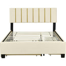 Queen Size Upholstered Platform Bed with 2 Drawers and 1 Trundle, Classic Metal Strip Headboard Design, Beige