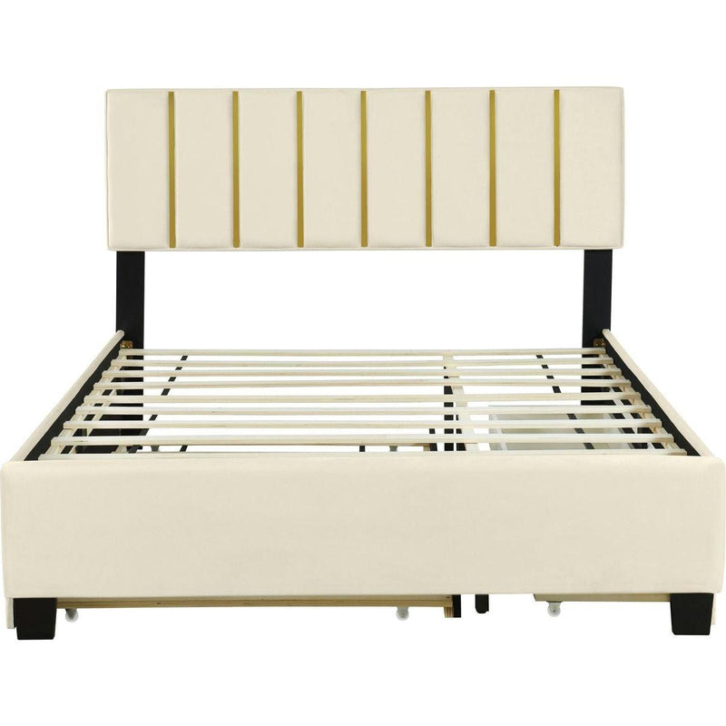 Queen Size Upholstered Platform Bed with 2 Drawers and 1 Trundle, Classic Metal Strip Headboard Design, Beige