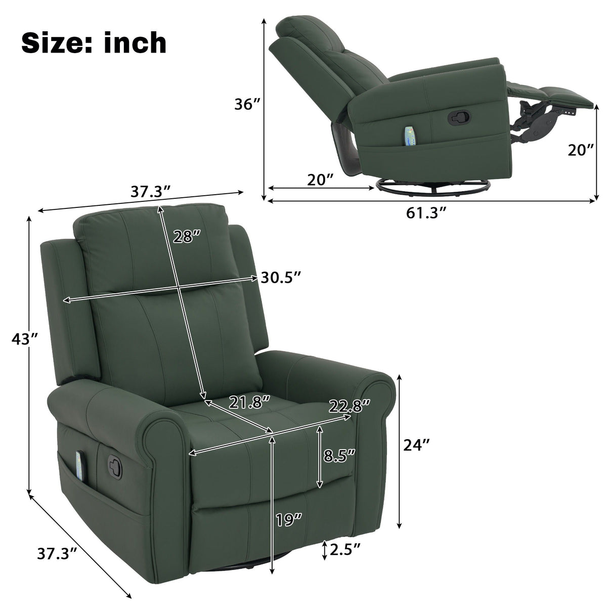Manual Recliner Chair With 270 Degree Swivel, Massage & Heating, Dual Reclining Positions, photo 3 of 14