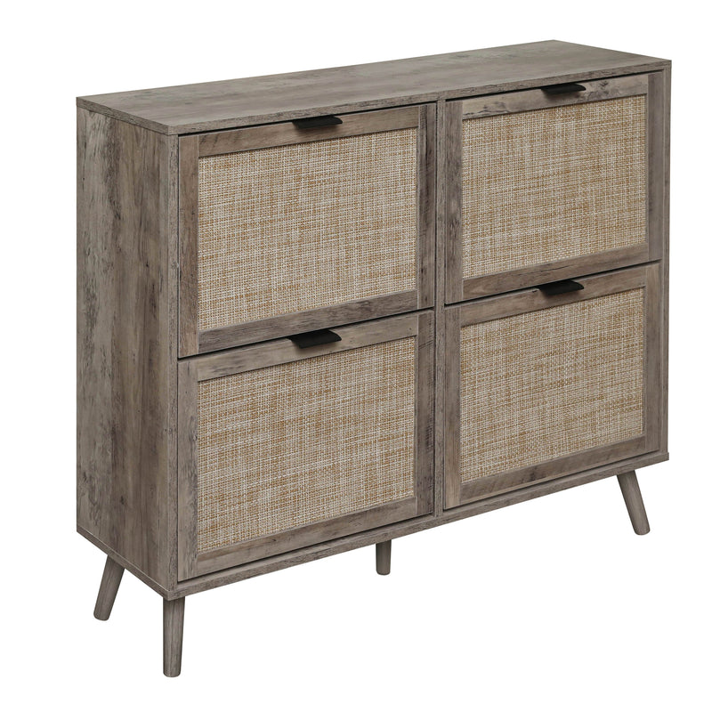 Walker Edison | Modern Rattan 4 Door Shoe Rack Cabinet for Entryway