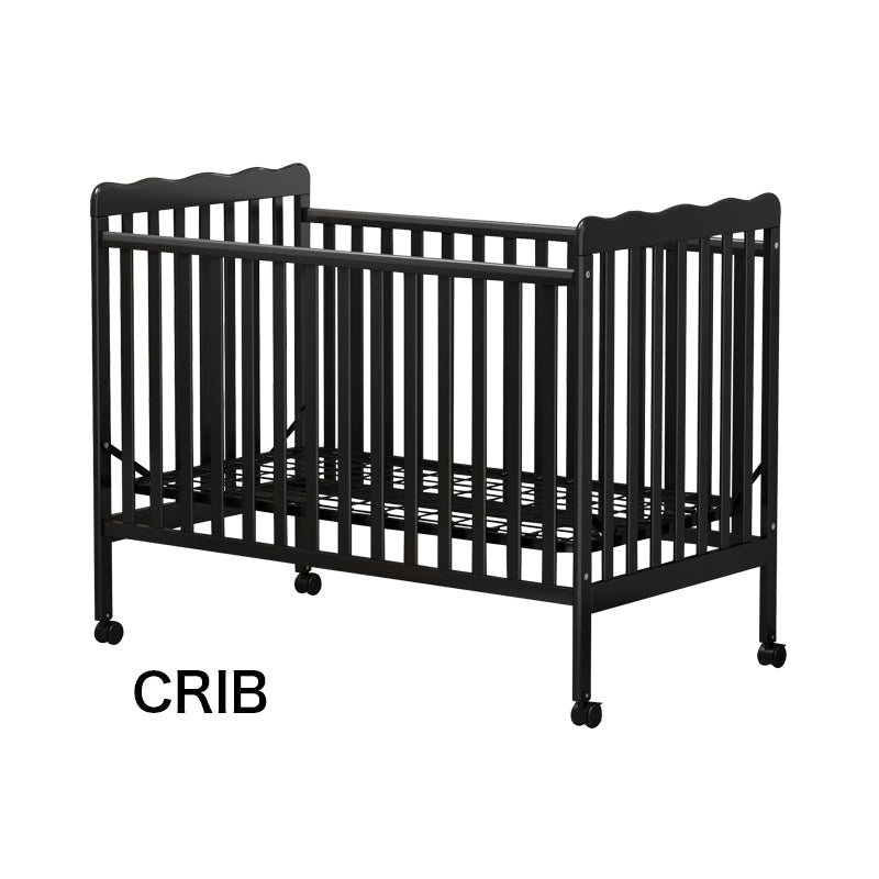 3-In-1 Convertible Crib In Storm BLACK, Made Of Sustainable Pinewood, Non-Toxic Finish, Comes With Locking Wheels, Wooden Nursery Furniture