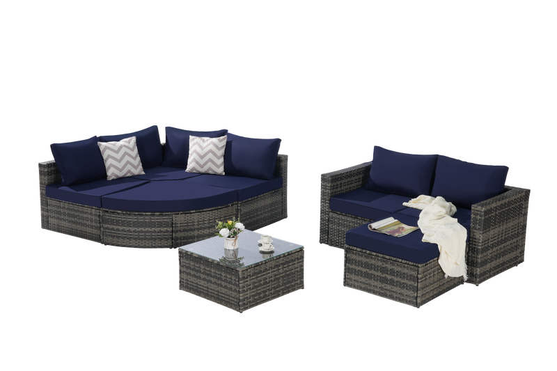 8 Piece Outdoor Patio Sofa Set, Sectional L- Shaped Patio Furniture Wicker Patio Conversation Set with Curved Sofa  Ottoman & Glass Top Table for Backyard Poolside