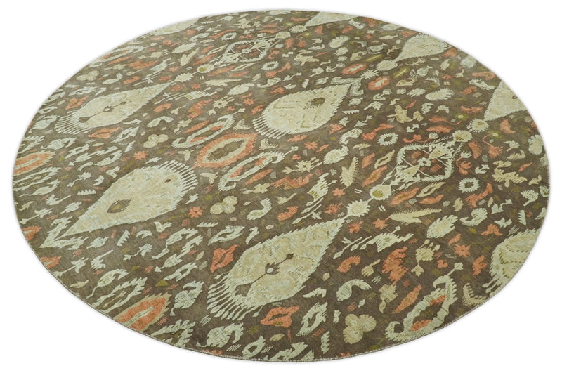 10x10 Round Fine Hand Knotted Brown and Beige Traditional Vintage Persian Style Antique Wool Rug | AGR47