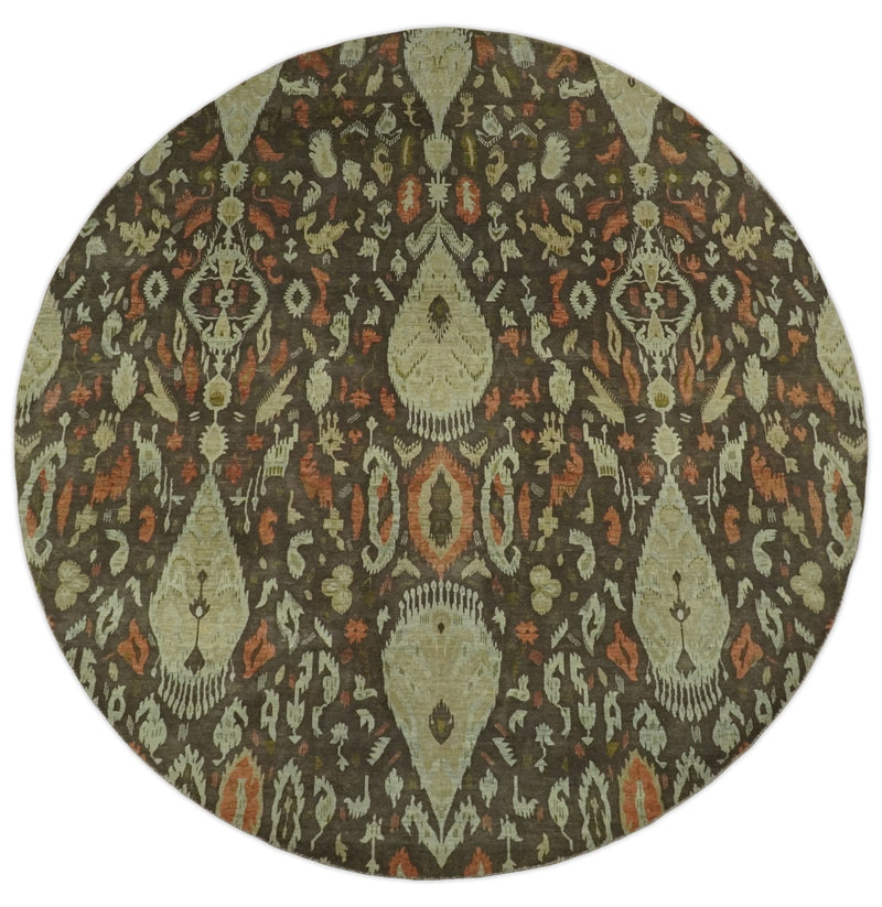 10x10 Round Fine Hand Knotted Brown and Beige Traditional Vintage Persian Style Antique Wool Rug | AGR47