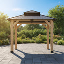 [10X10FT] Permanent Galvanized Steel Double Roof Cedar Wood Gazebo (SAK73842)