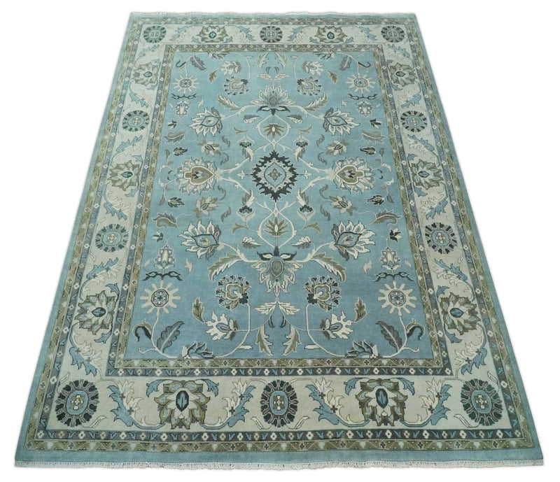 10x14 Antique Hand Knotted Blue and Ivory Traditional Vintage Persian Oushak Wool Rug | TRDCP10141014