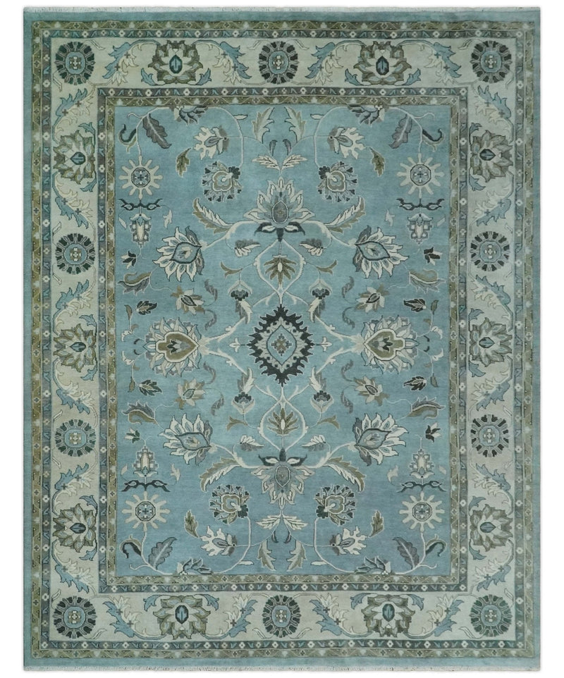 10x14 Antique Hand Knotted Blue and Ivory Traditional Vintage Persian Oushak Wool Rug | TRDCP10141014