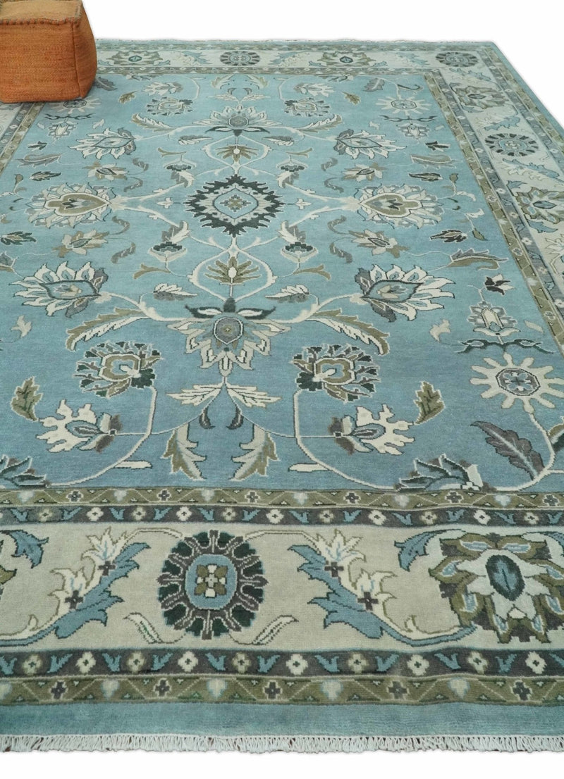 10x14 Antique Hand Knotted Blue and Ivory Traditional Vintage Persian Oushak Wool Rug | TRDCP10141014