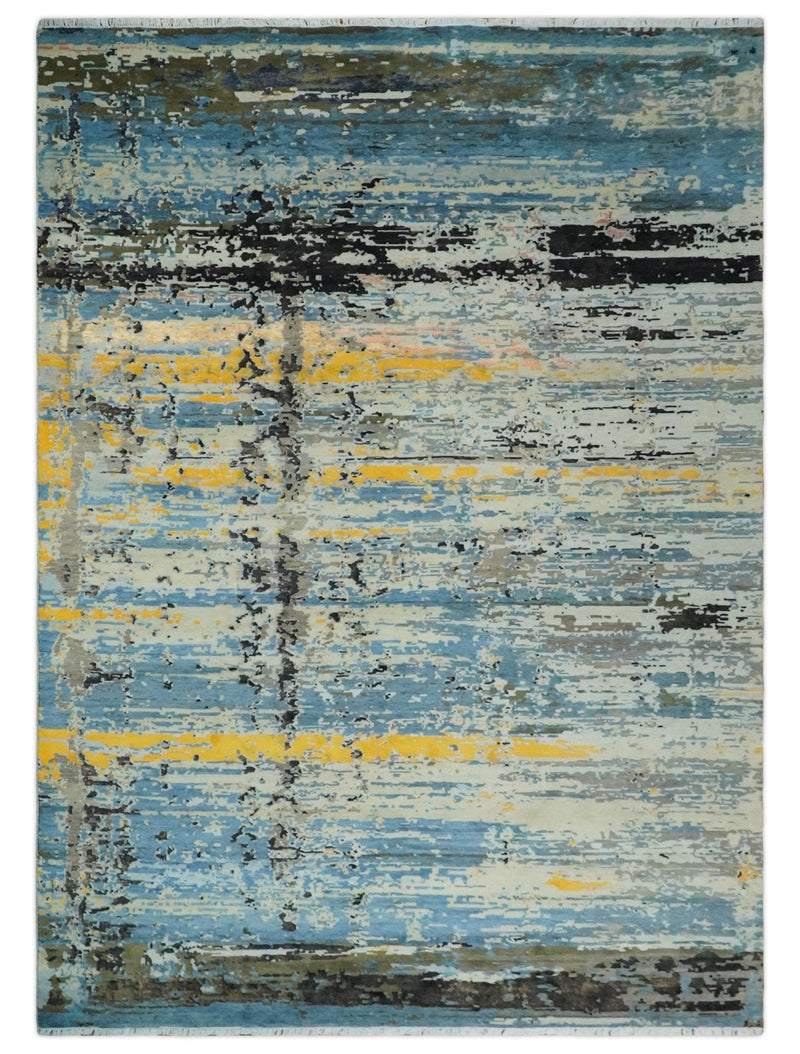 10x14 Fine Hand Knotted Blue and Black Modern Abstract Style Antique Wool and Silk Area Rug | AGR49