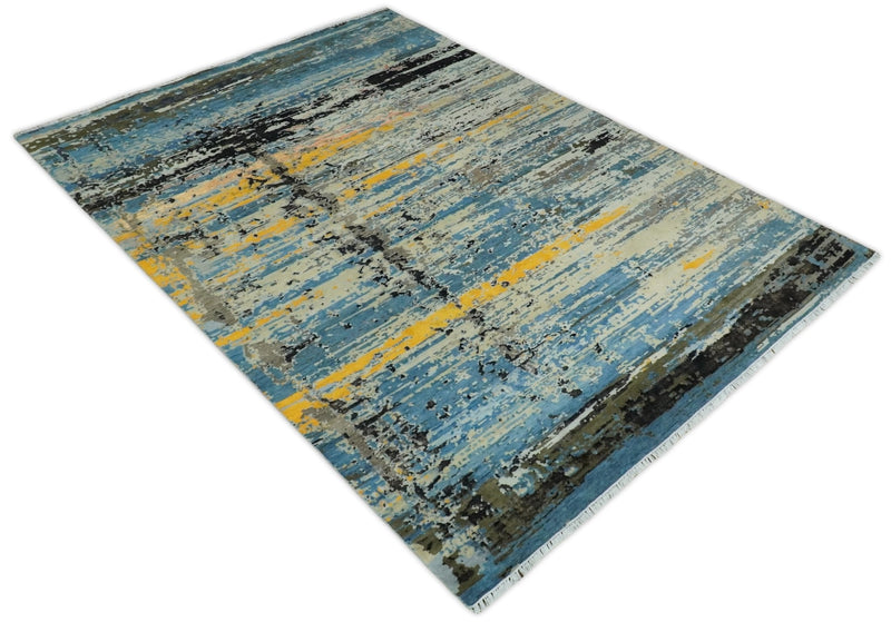 10x14 Fine Hand Knotted Blue and Black Modern Abstract Style Antique Wool and Silk Area Rug | AGR49