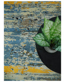 Blue and Black Hand Knotted Modern Abstract Contemporary Wool Silk Area Rug 10x14