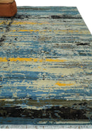 Blue and Black Hand Knotted Modern Abstract Contemporary Wool Silk Area Rug 10x14