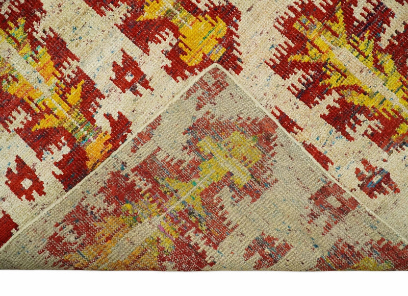 8x10 and 10x14 Hand Knotted Beige, Rust and Gold Modern Contemporary Southwestern Tribal Trellis Recycled Silk Area Rug | OP24