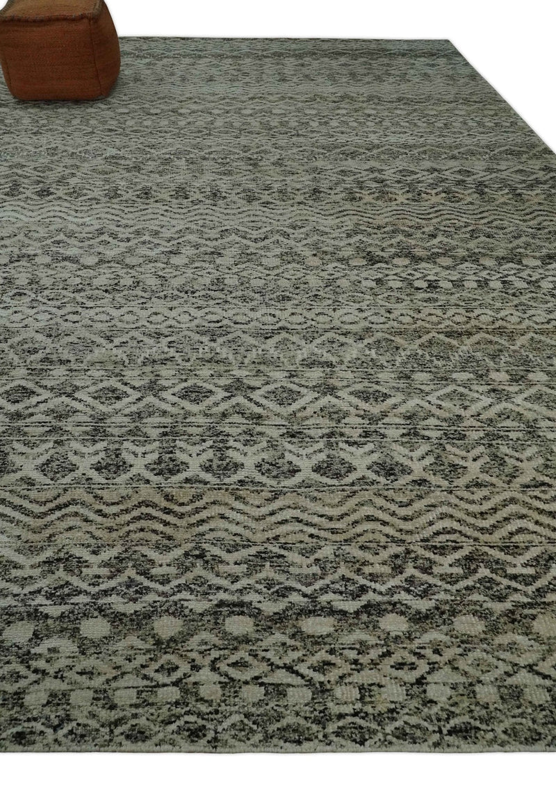 10x14 Hand Knotted Ivory, Black and Olive Modern Contemporary Southwestern Tribal Trellis Recycled Silk Area Rug | OP50